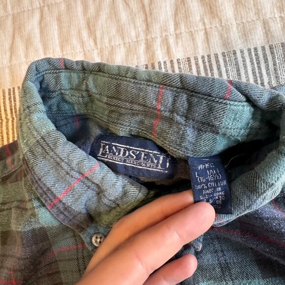 Lands' End Casual Button Down Mens Large Blue Plaid Rugged Retro Flannel Shirt - Picture 6 of 6